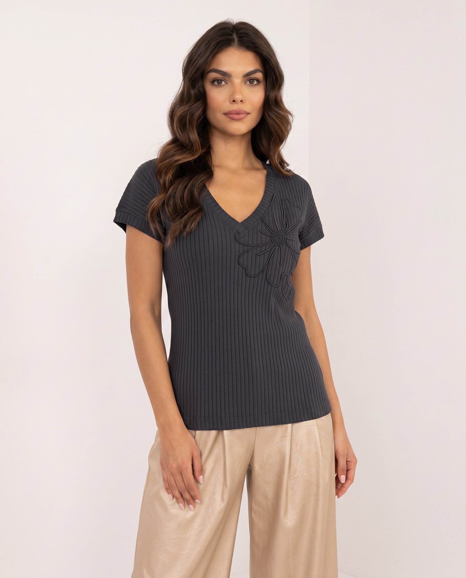 Bluzka prążek z kwiatkiem KEN-70271 - 3