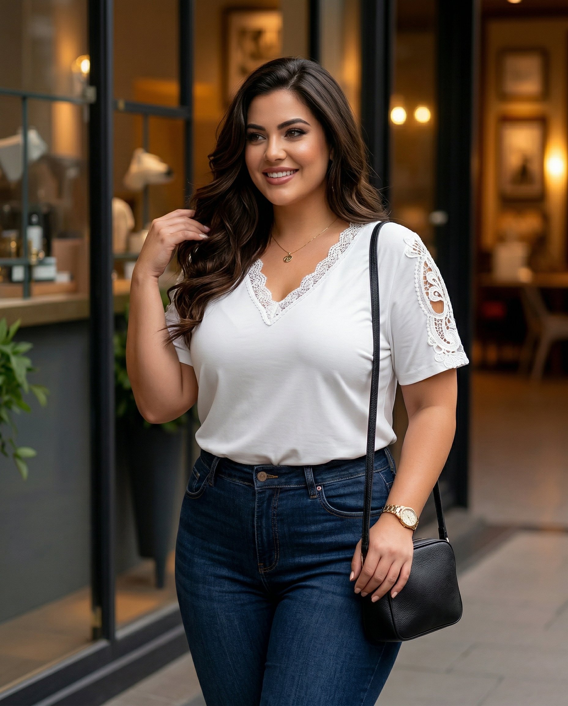 Bluzka serek z koronką na rękawach WA-92 - 5