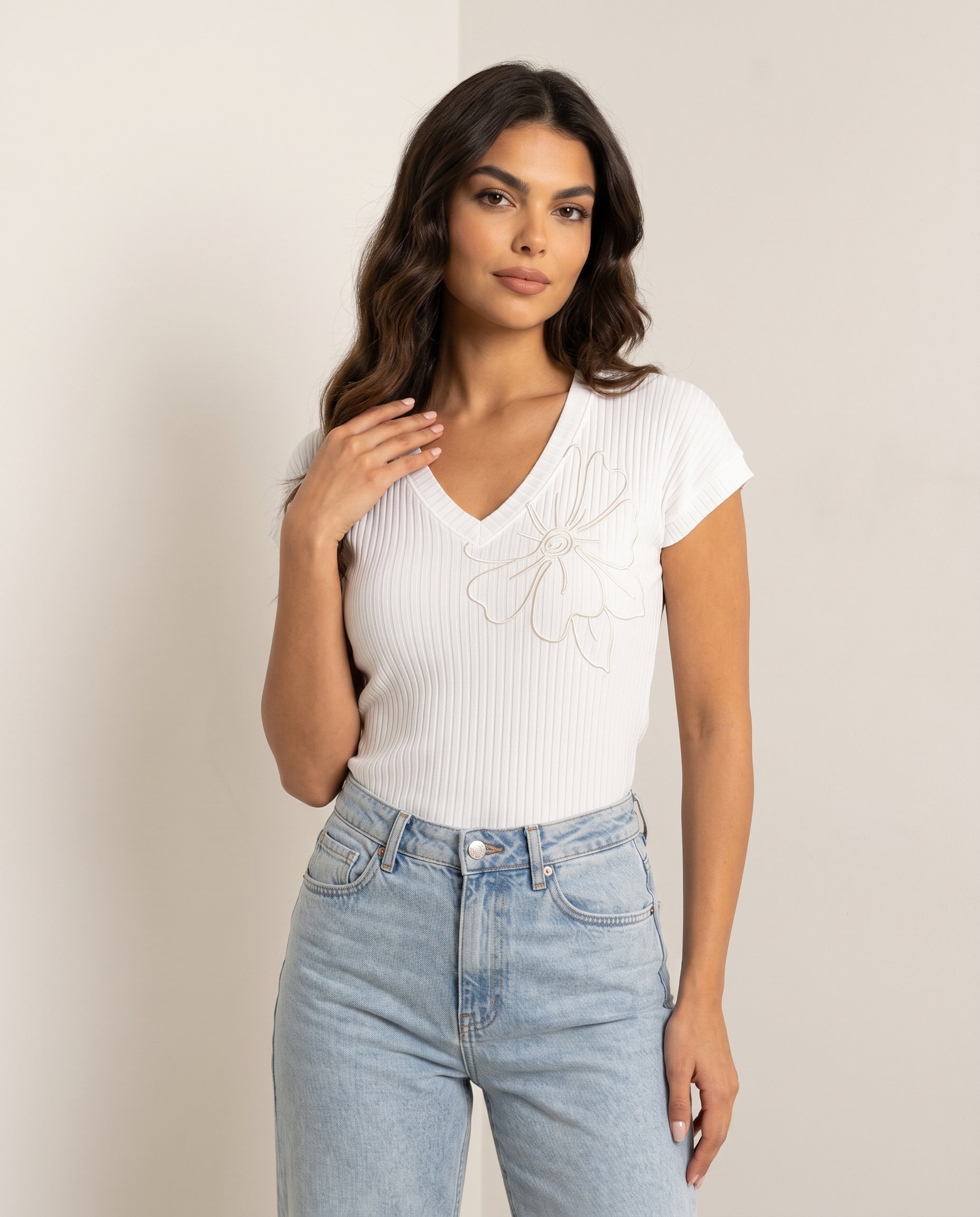 Bluzka prążek z kwiatkiem KEN-70271 - 4