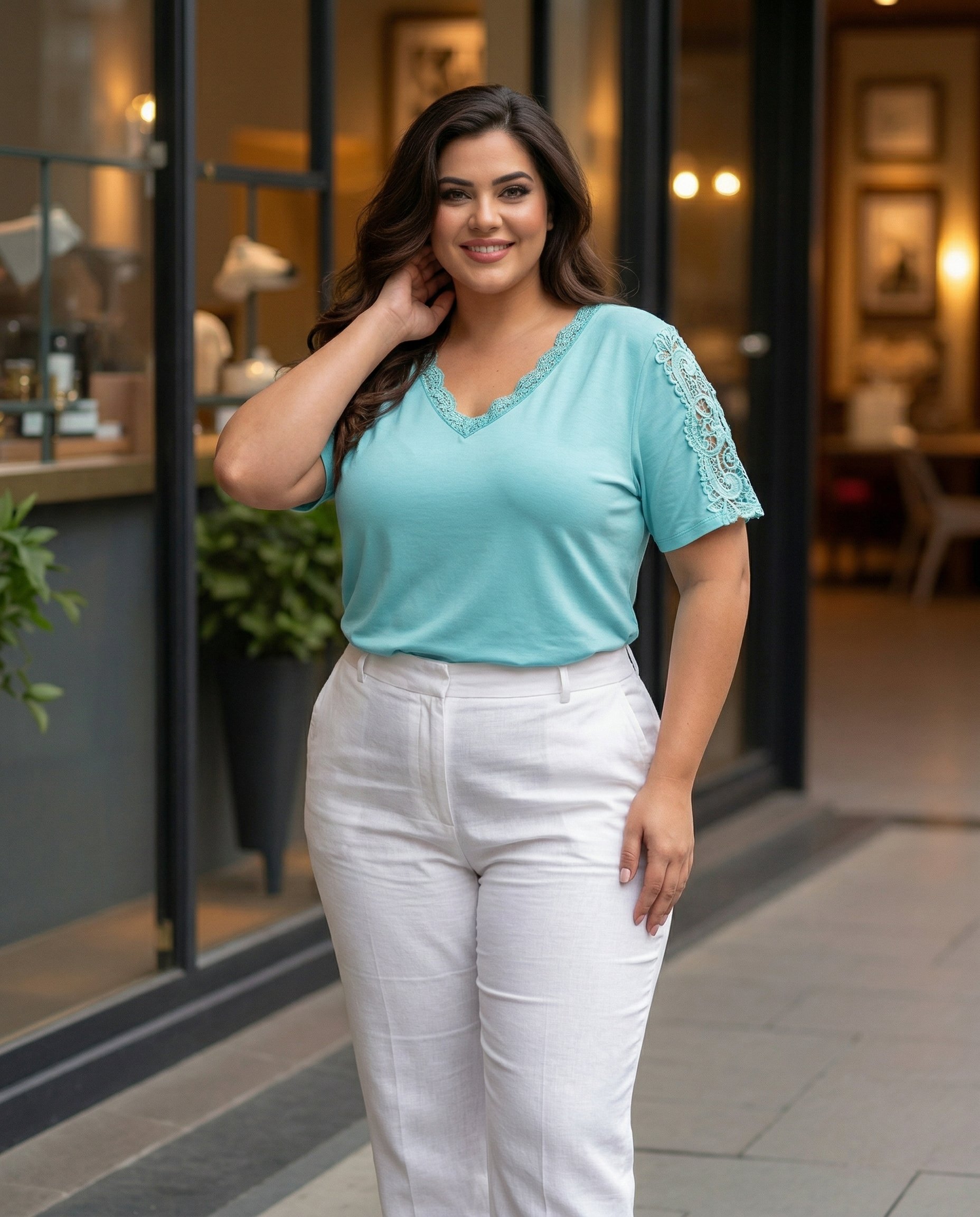 Bluzka serek z koronką na rękawach WA-92 - 2